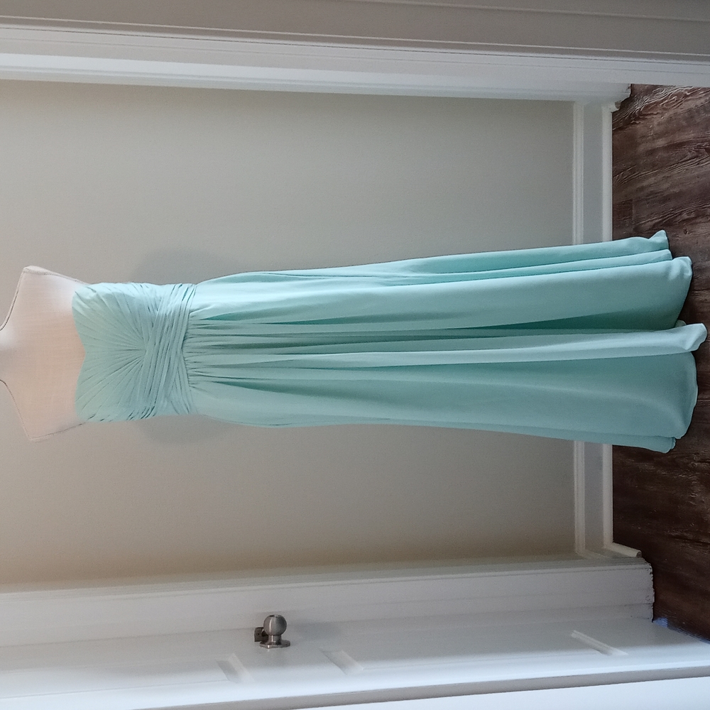 David's Bridal Strapless Chiffon Gown in Light Aqua
